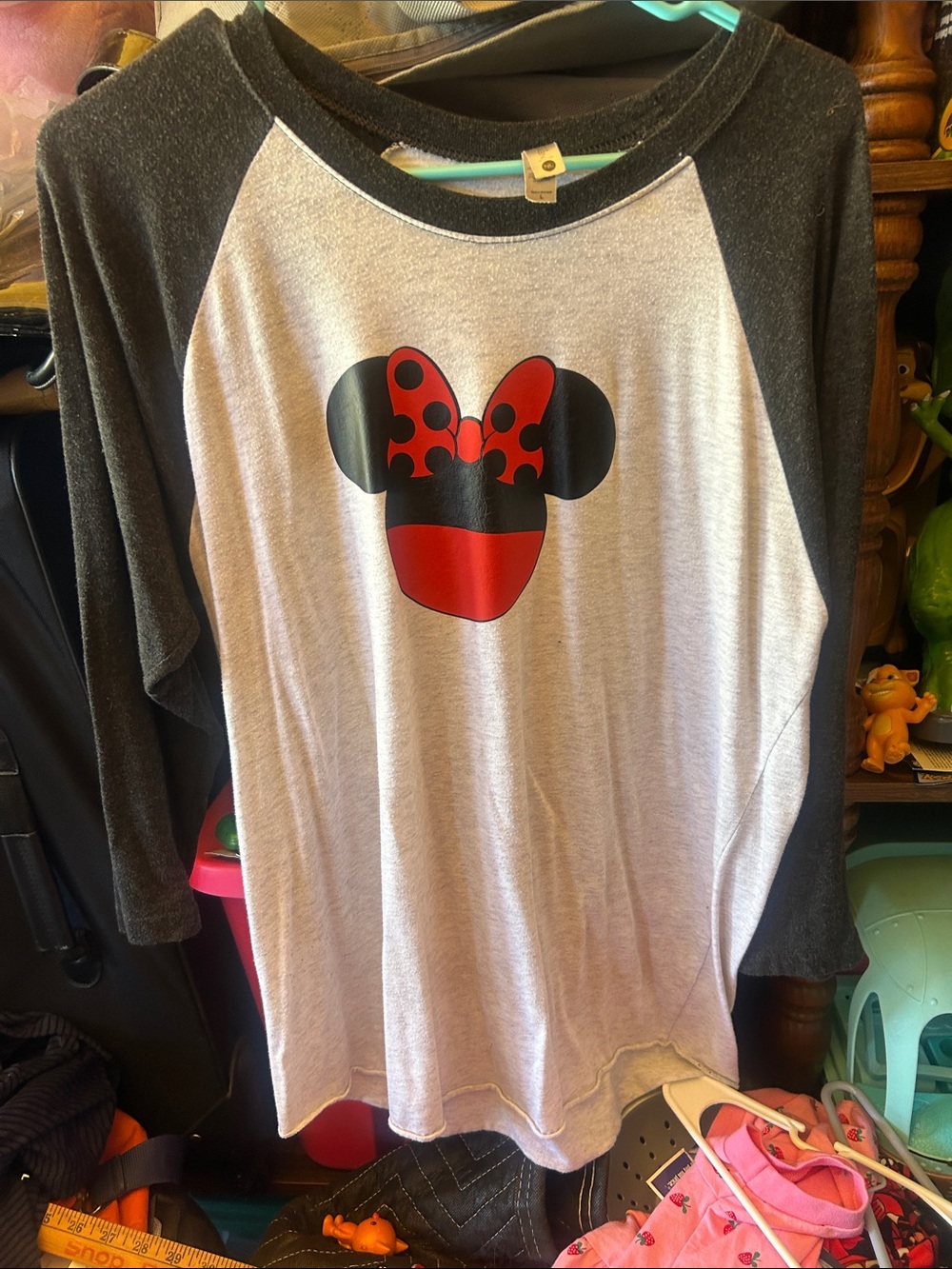 Next Level Apparel Black & White Raglan Tee with Red Minnie Bow Graphic